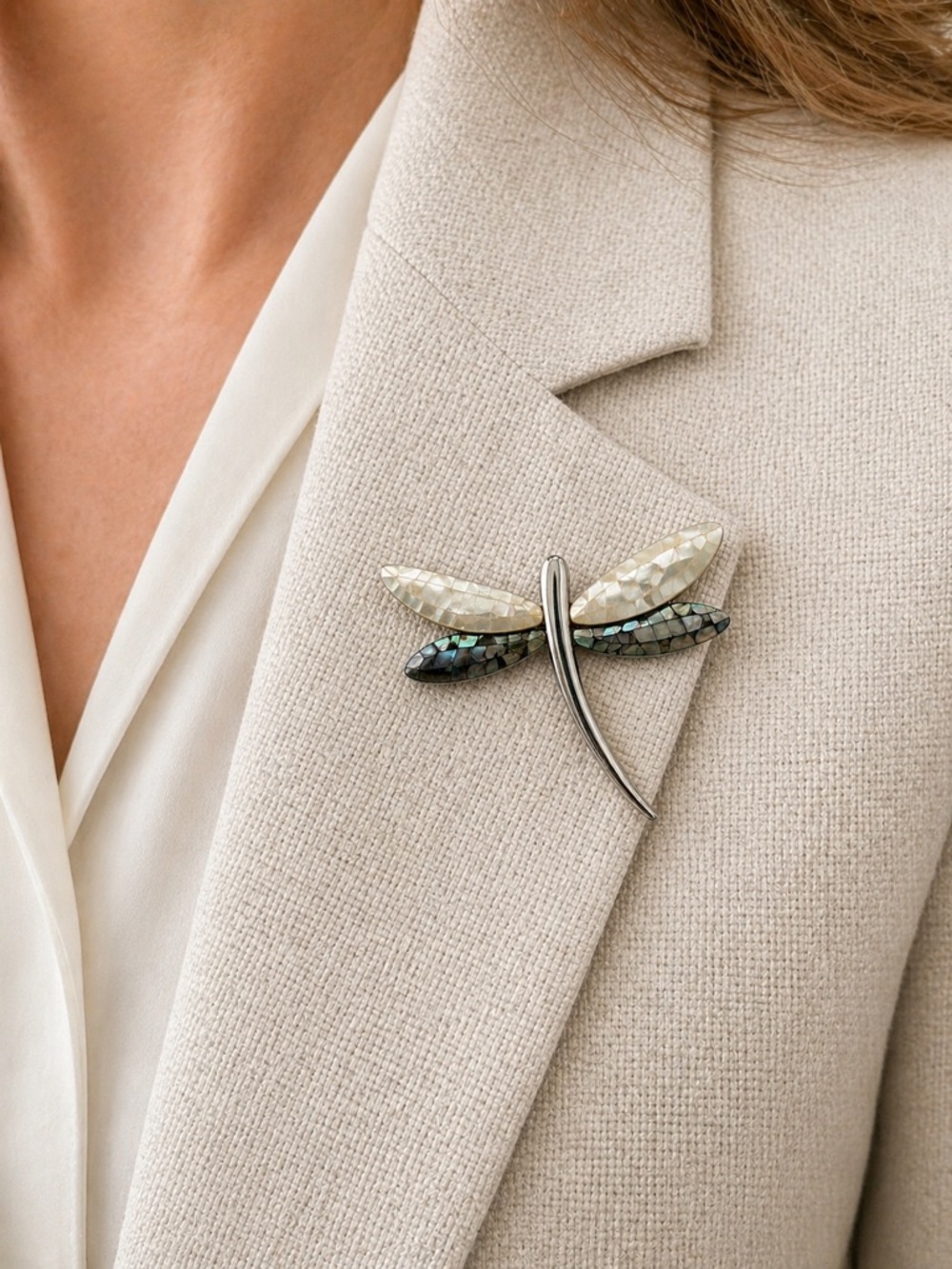 Vintage 1990s Dragonfly Brooch Abalone & Mother of Pearl Inlay Silver Tone Pin